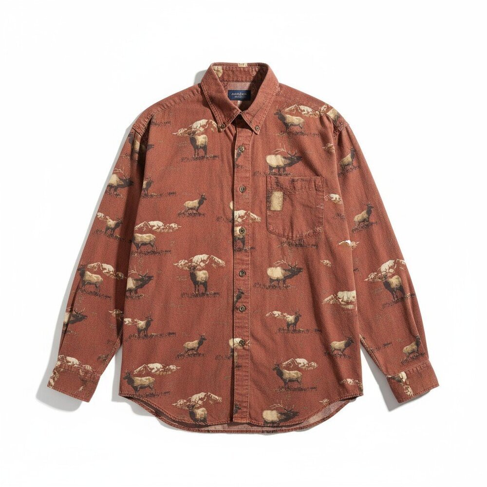 River Lodge Moose Print Corduroy Shirt Men’s L Rust Red 100% Cotton Button-Up